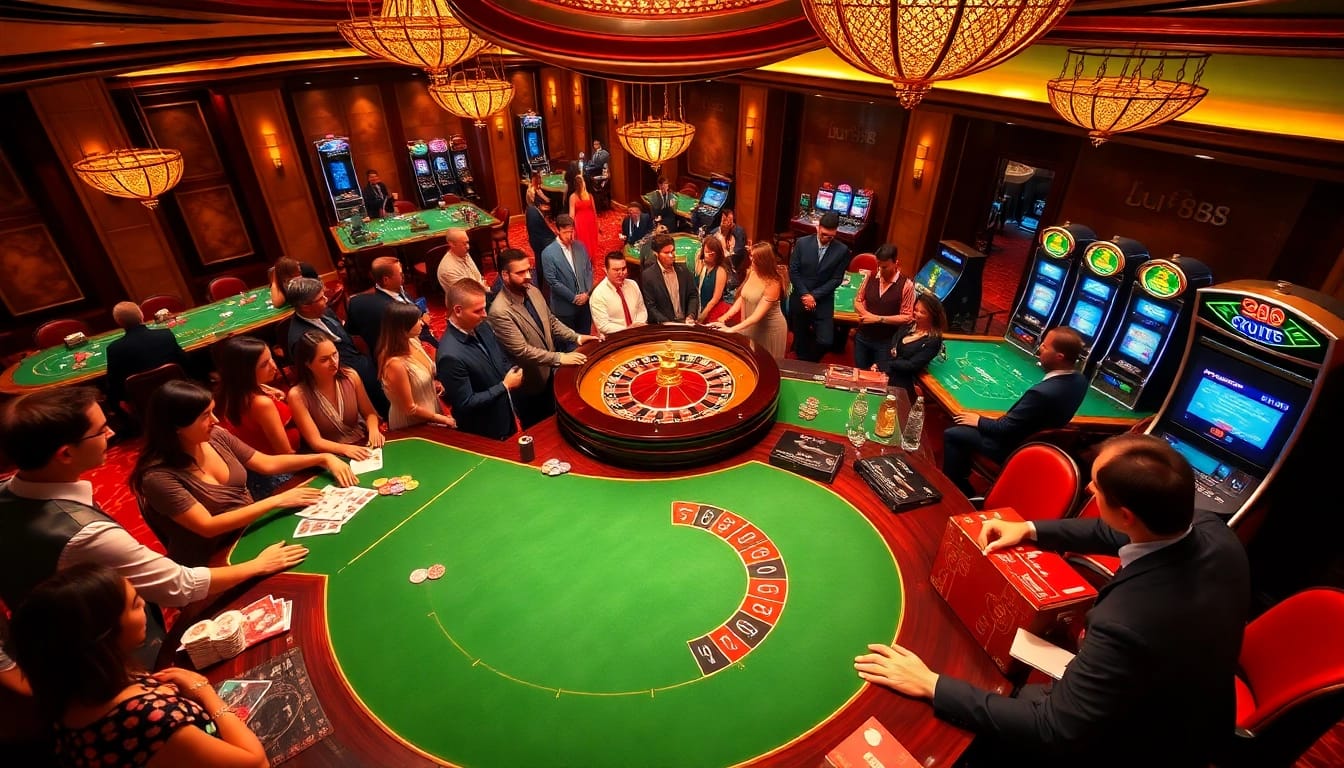 Gambling excitement at https://du88.sbs/ with players enjoying roulette, poker tables, and vibrant slot machines.
