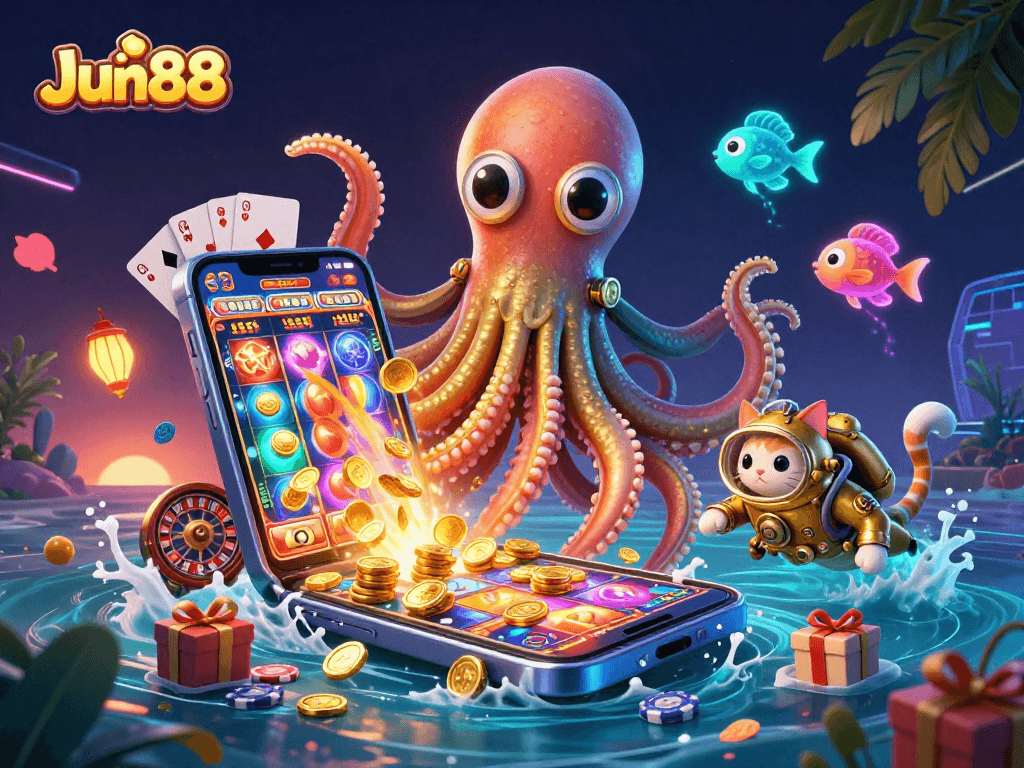 Experience thrilling games at Jun88 with a vibrant underwater casino scene illustrating excitement.