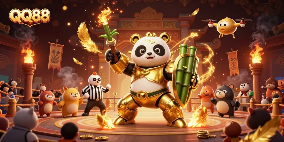 Experience thrilling gameplay at QQ88 with a dazzling 3D illustration of an epic battle arena featuring unique characters and gold elements