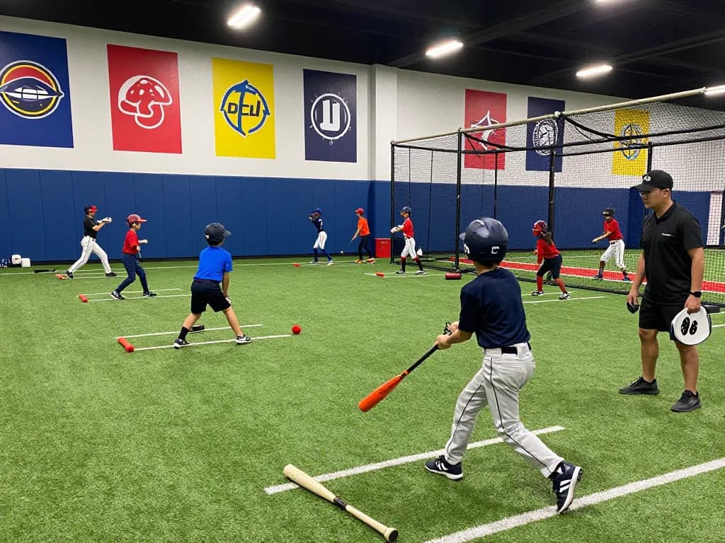Youth players in hitclub practicing baseball drills in a vibrant training facility