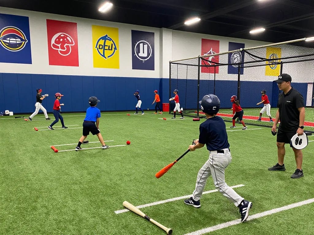 Youth players in hitclub practicing baseball drills in a vibrant training facility