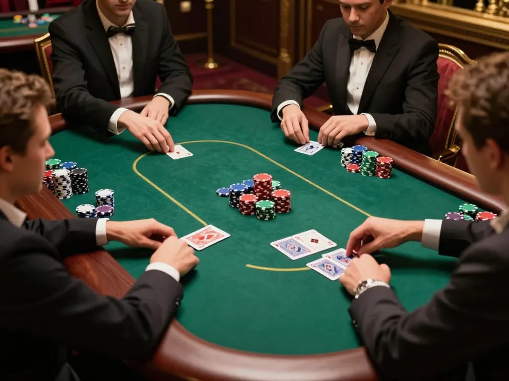 ww88 players engaged in intense poker action at a luxurious casino table.