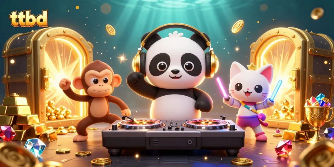 Experience gaming excitement with ttbd, featuring a 3D panda DJ, breakdancing monkey, and glowing kitten in a vibrant casino setting.
