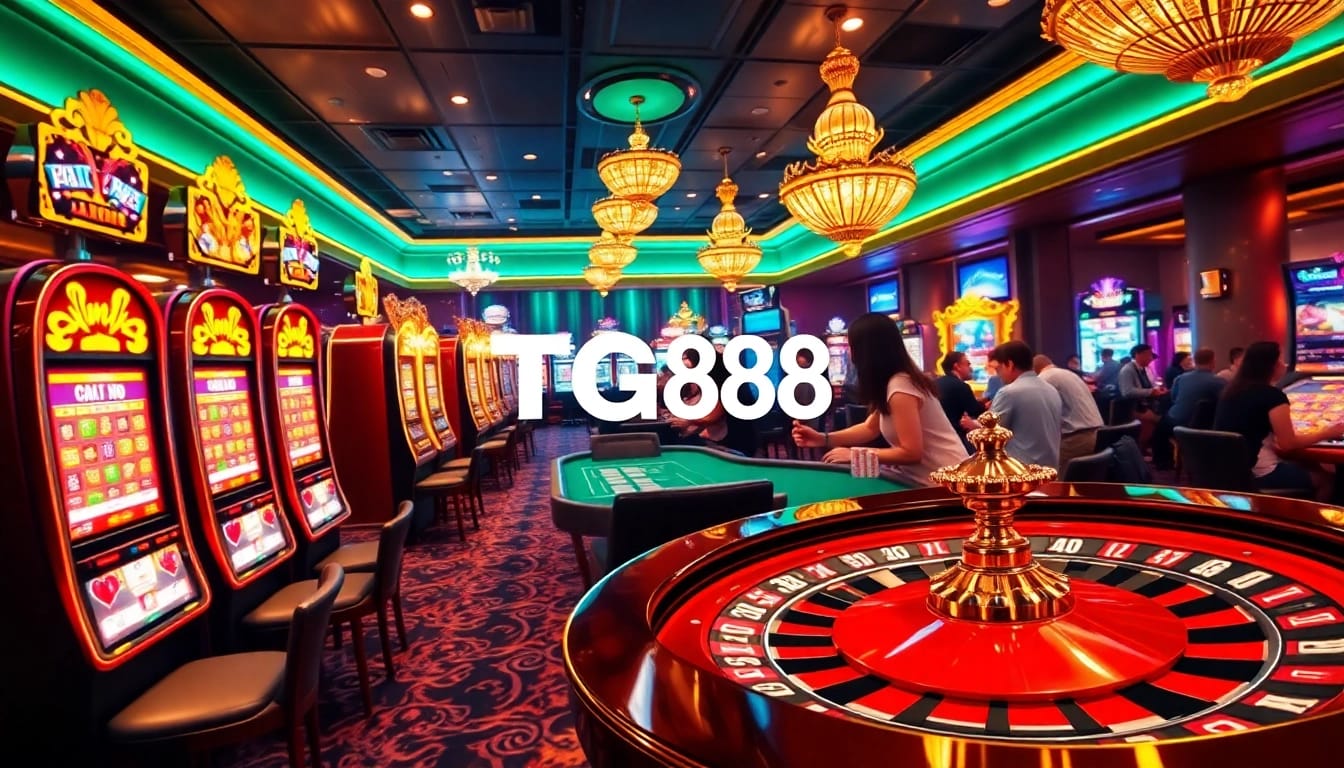 TG88 Casino experience showcasing vibrant slot machines, poker tables, and roulette wheel.