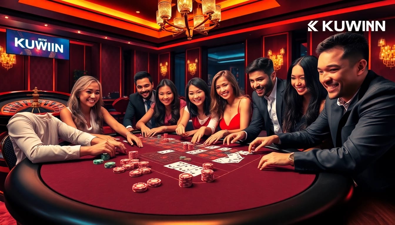 Players enjoying an intense game of poker at a luxurious casino table, featuring vibrant colors and the KUWIN logo.
