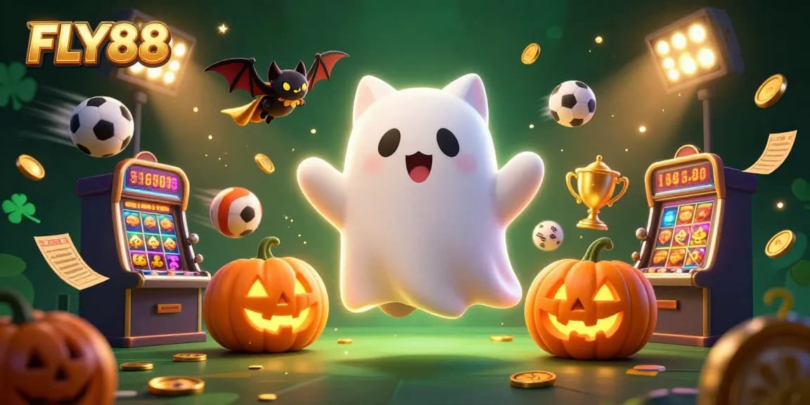 Experience FLY88's colorful casino magic with a friendly ghost cat, vampire bat, and festive elements!