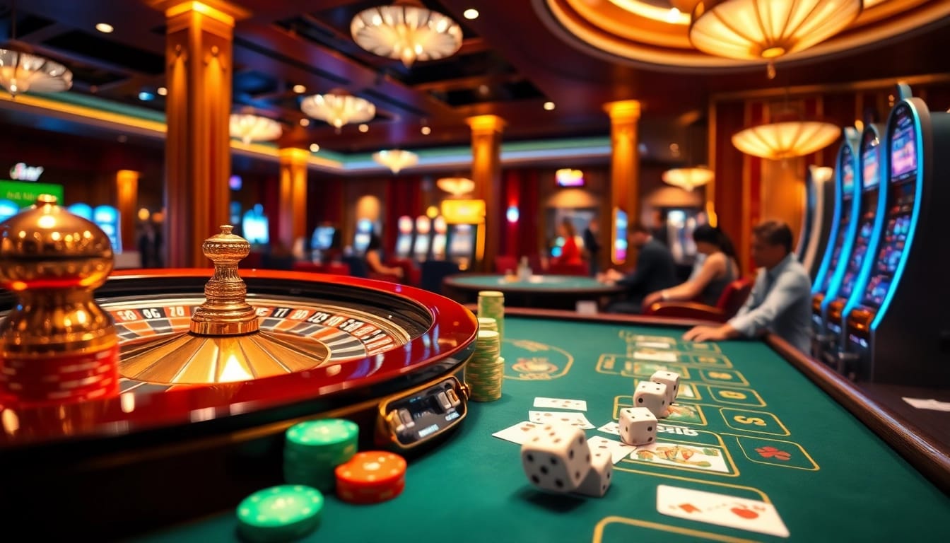 Experience the excitement at 11WIN casino with vibrant games, roulette wheels, and engaged players.