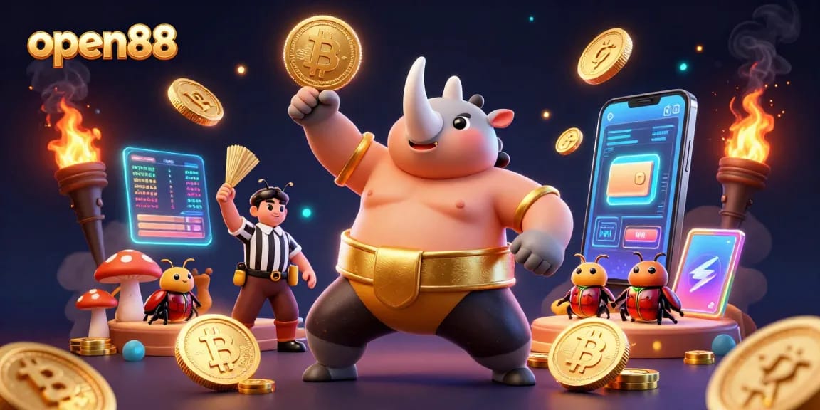 open88 showcases an energetic scene with a beetle champion and glowing coins flying in a casino atmosphere.