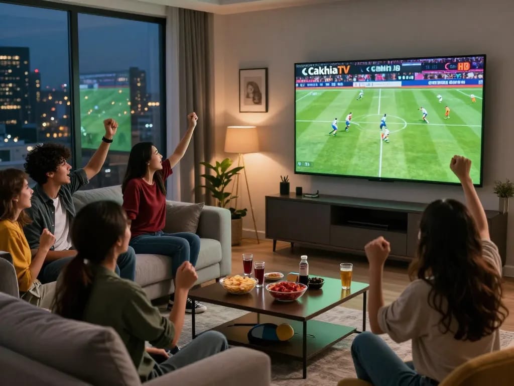 Friends enjoying live football on CakhiaTV in a cozy living room during a thrilling match.
