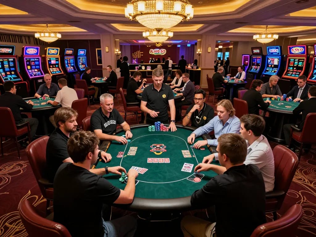 Engaged players strategizing cards at king88 poker table in an upscale casino.