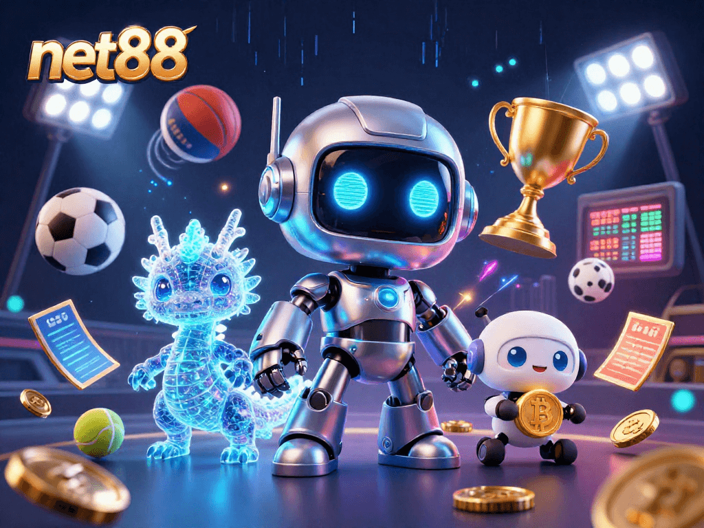 Experience thrilling net88 gaming with a vibrant illustration of a cyberpunk mascot and energetic sports elements.