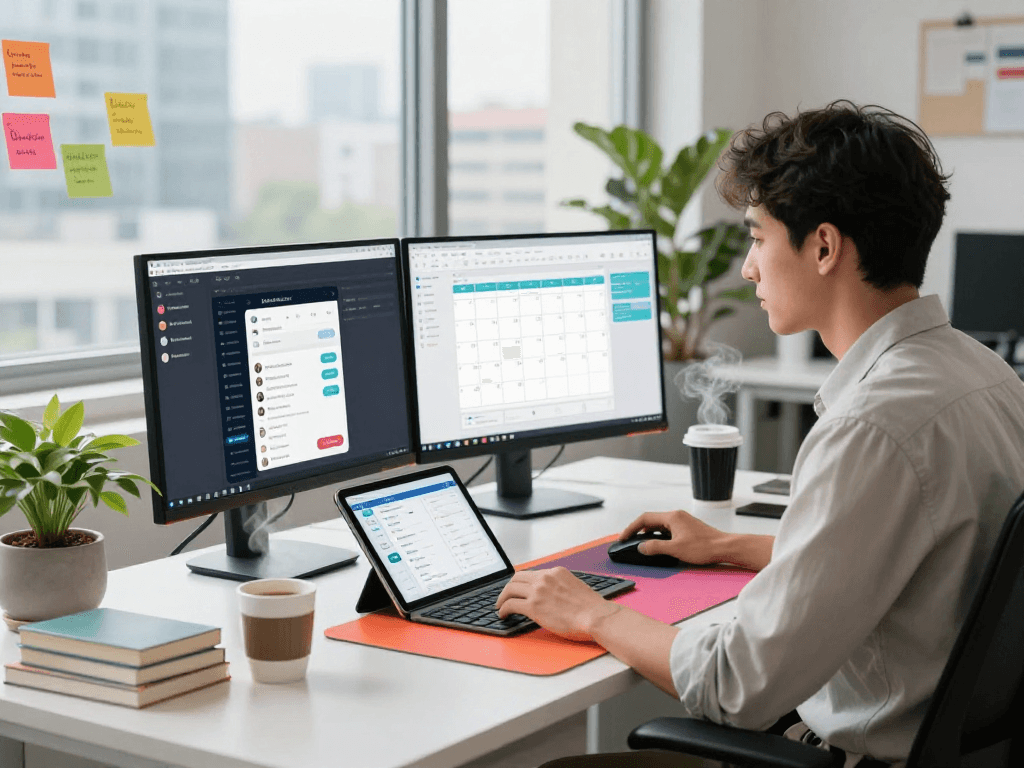 Modern workspace with AI +18 tools, featuring professional managing tasks with dual monitors and vibrant decor.