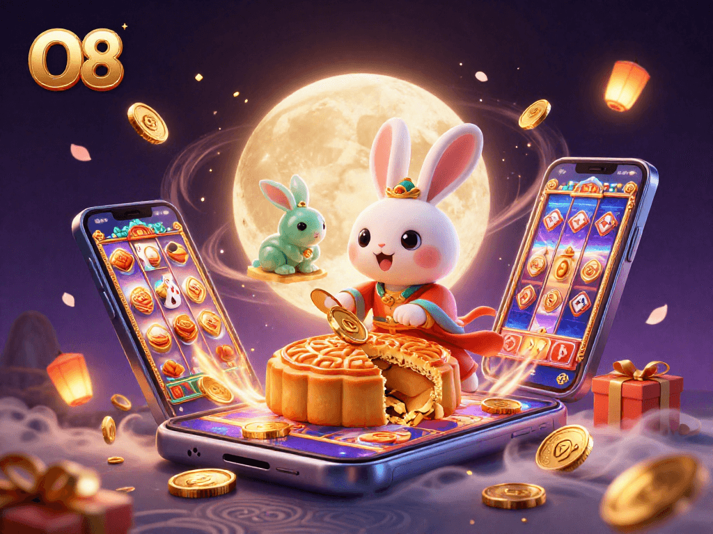Engage with O8's vibrant lunar casino scene featuring a traditional moon rabbit and poker chips.