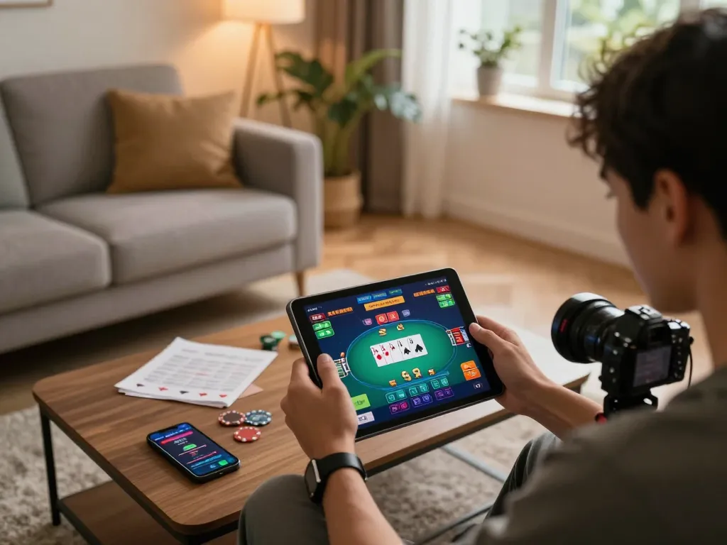 Engaging in a game đổi thưởng on a tablet at home, showcasing vibrant poker interface and immersive atmosphere.