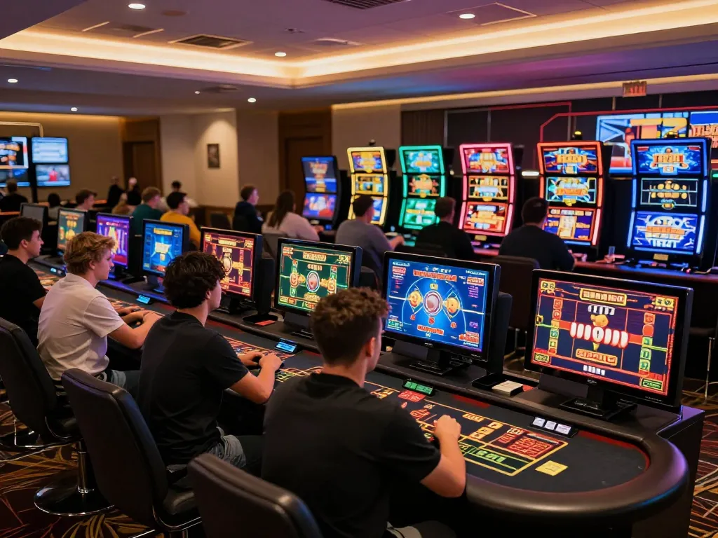 Engaged players using https://99win.actor/ for online casino gaming, showcasing dynamic moments and colorful interfaces.