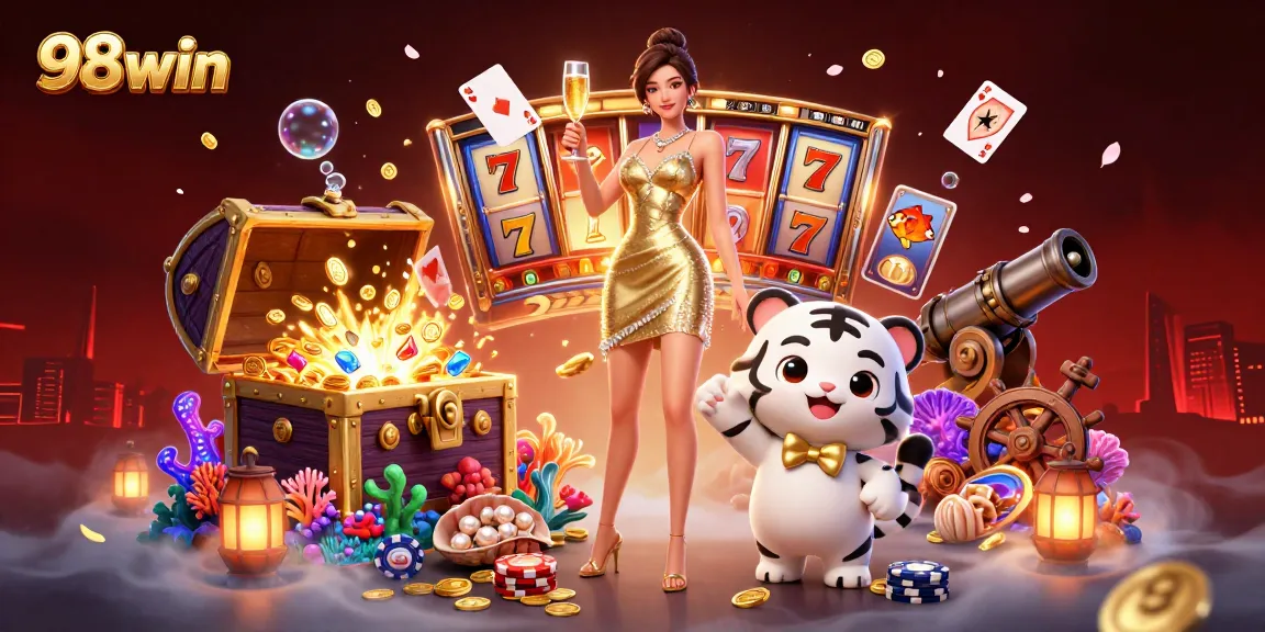 Engage with thrilling slots at 98win, featuring a glamorous woman, lucky tiger, and vibrant casino elements.
