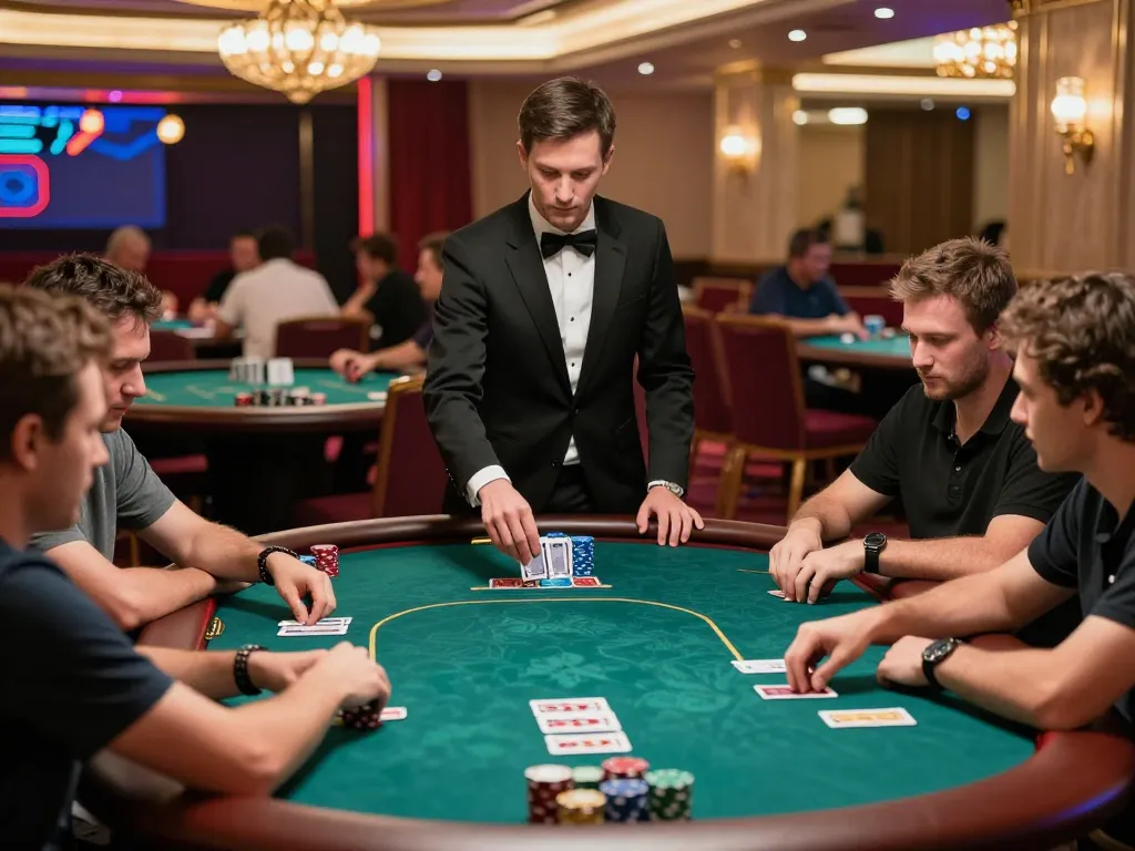 Players strategizing their bets at a 789WIN poker table in an upscale casino setting.