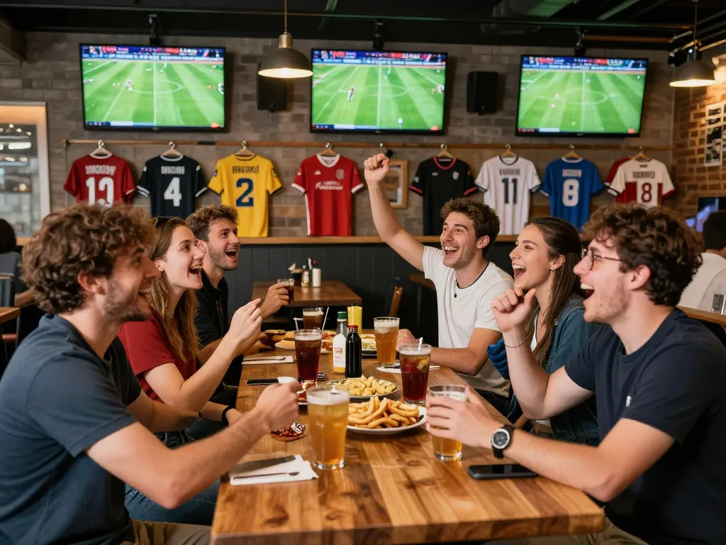 Socolive football match viewing with friends in a lively sports bar atmosphere.
