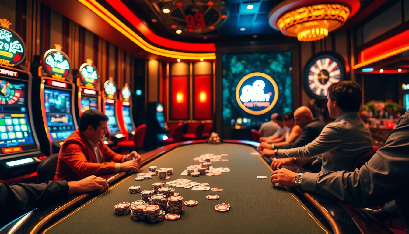 Elite gamblers winning at poker in a luxurious casino setting at 98win, showcasing excitement.