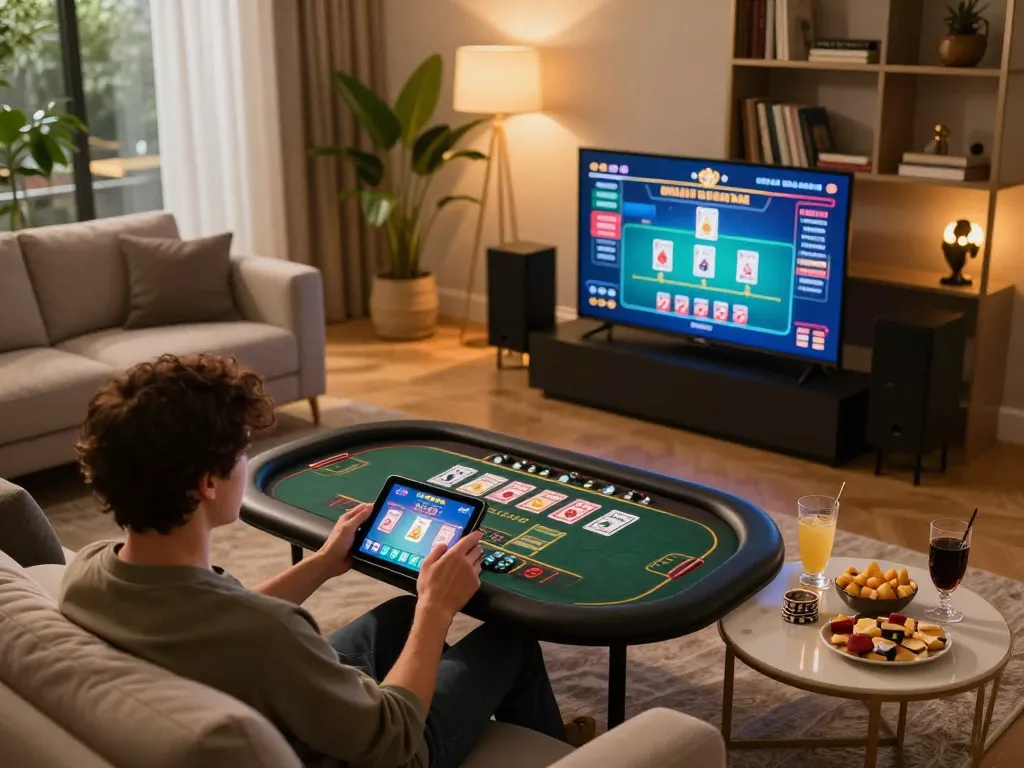 Player engaging in online gaming at home with luck8biz tablet interface, highlighting immersive experience