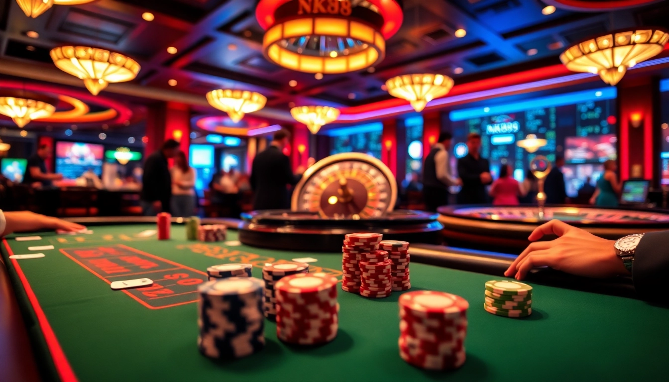 Engaging scene with NK88 poker table and roulette wheel showcasing vibrant casino excitement.
