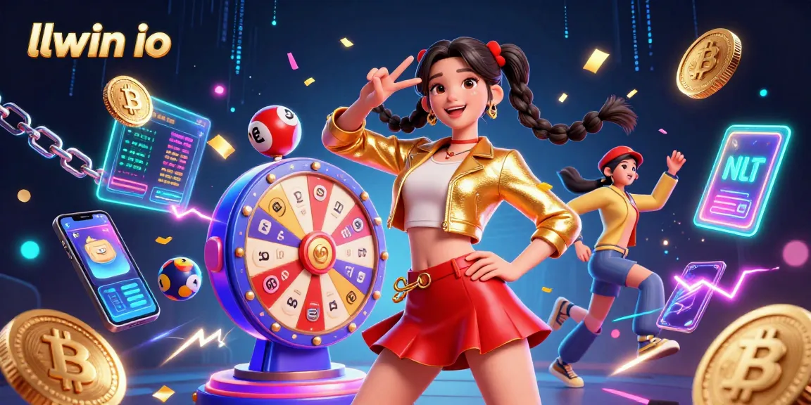 Experience the thrill of winning with llwin io, featuring an energetic Asian woman celebrating with colorful lottery elements.