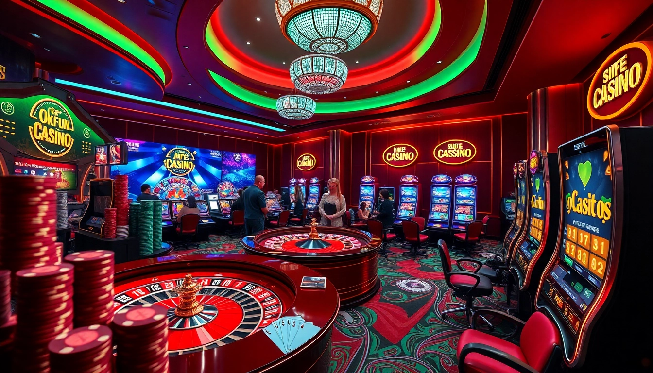 Exciting gameplay at okfun casino showcasing vibrant slot machines and dynamic online betting.