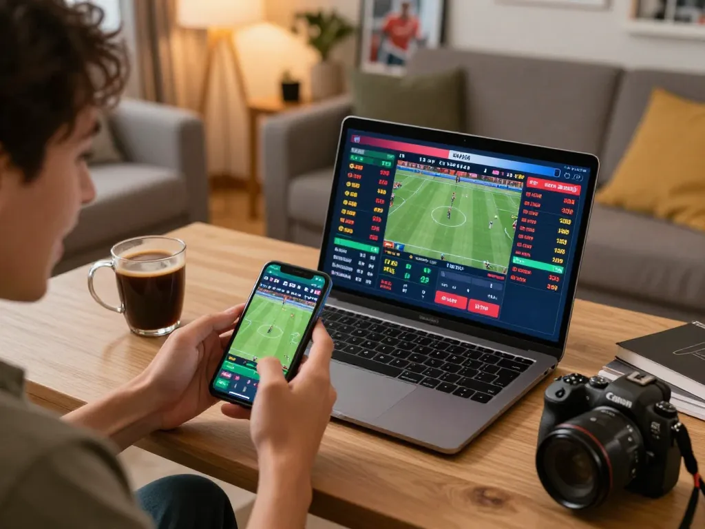 Placing live bets on 68win mobile app in cozy sports betting setup at home.