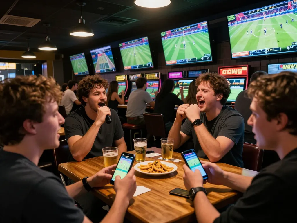 Patrons engaging in sports betting while using the 78wingo app at a lively venue, showcasing dynamic gambling excitement