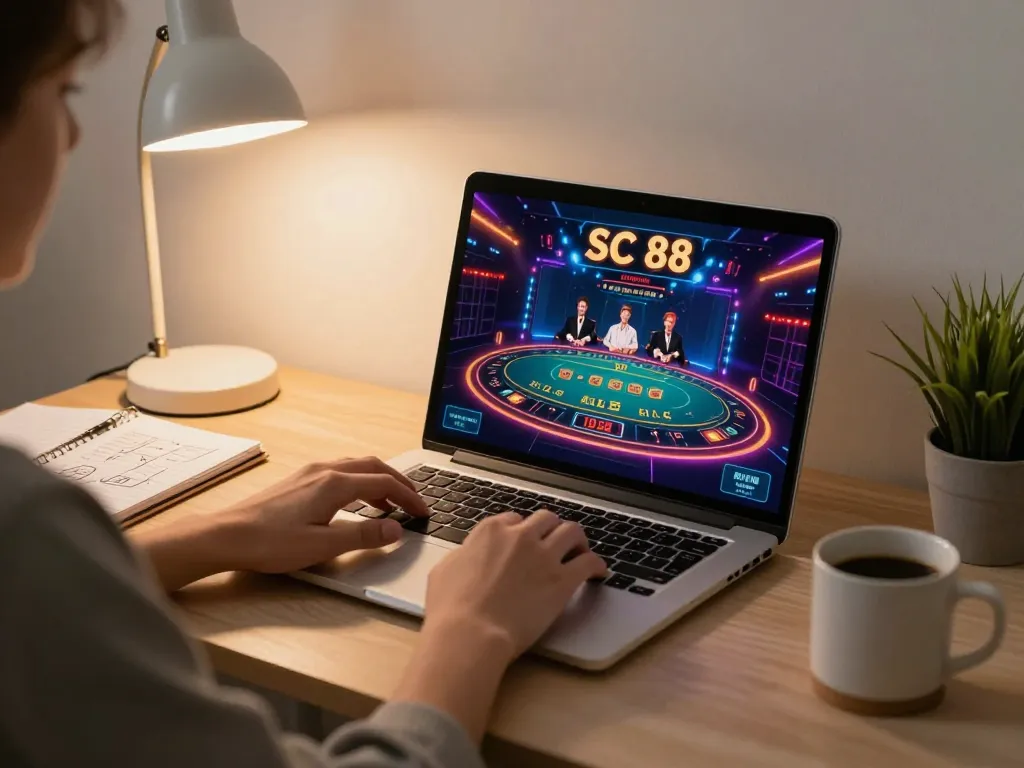 Player engaged in online SC 88 gaming with live dealer interface, cozy home setting, strategic atmosphere.