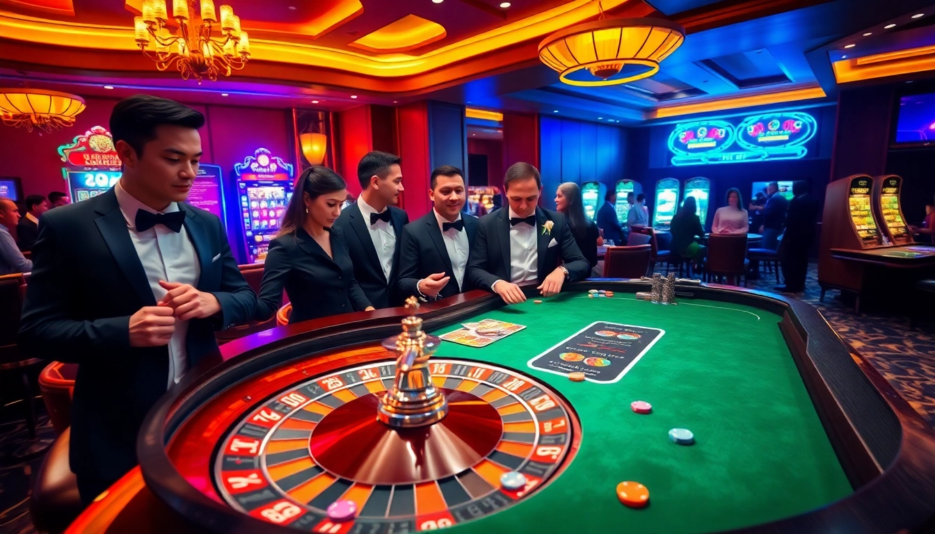 A vibrant casino setting with players eagerly betting at a roulette table, highlighting XX88 COM's thrilling atmosphere.