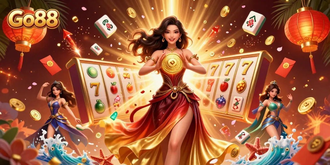 Spin and win at Go88 with vibrant symbols and coins raining down in an exciting casino scene.