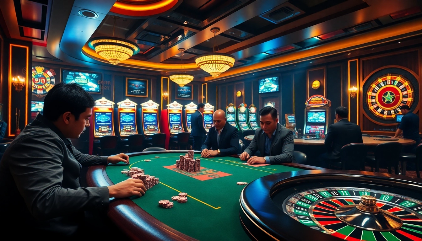 Players enjoy an exciting poker game at B52Club, surrounded by luxurious casino decor and vibrant slot machines.