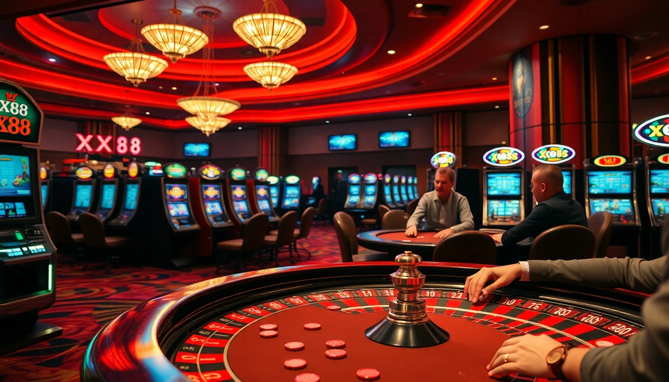 Players enjoying exciting games at the XX88 casino, showcasing vibrant slot machines and professional poker tables.