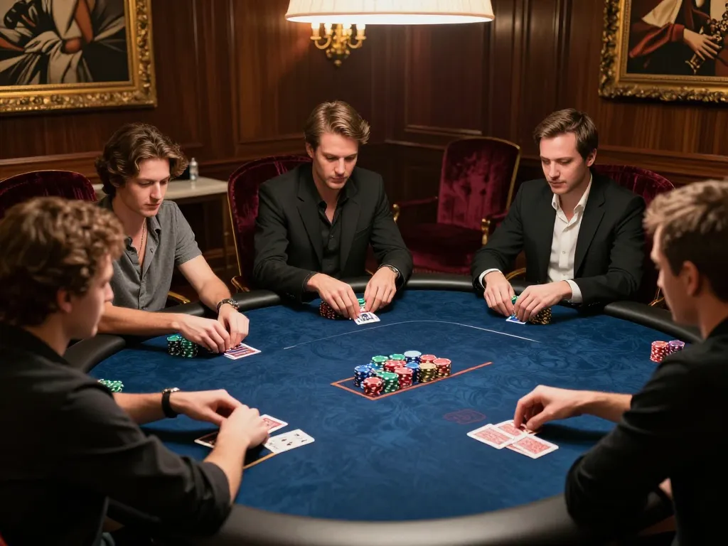 Strategizing poker gameplay at 789win with players engaged and focused in a luxurious room.