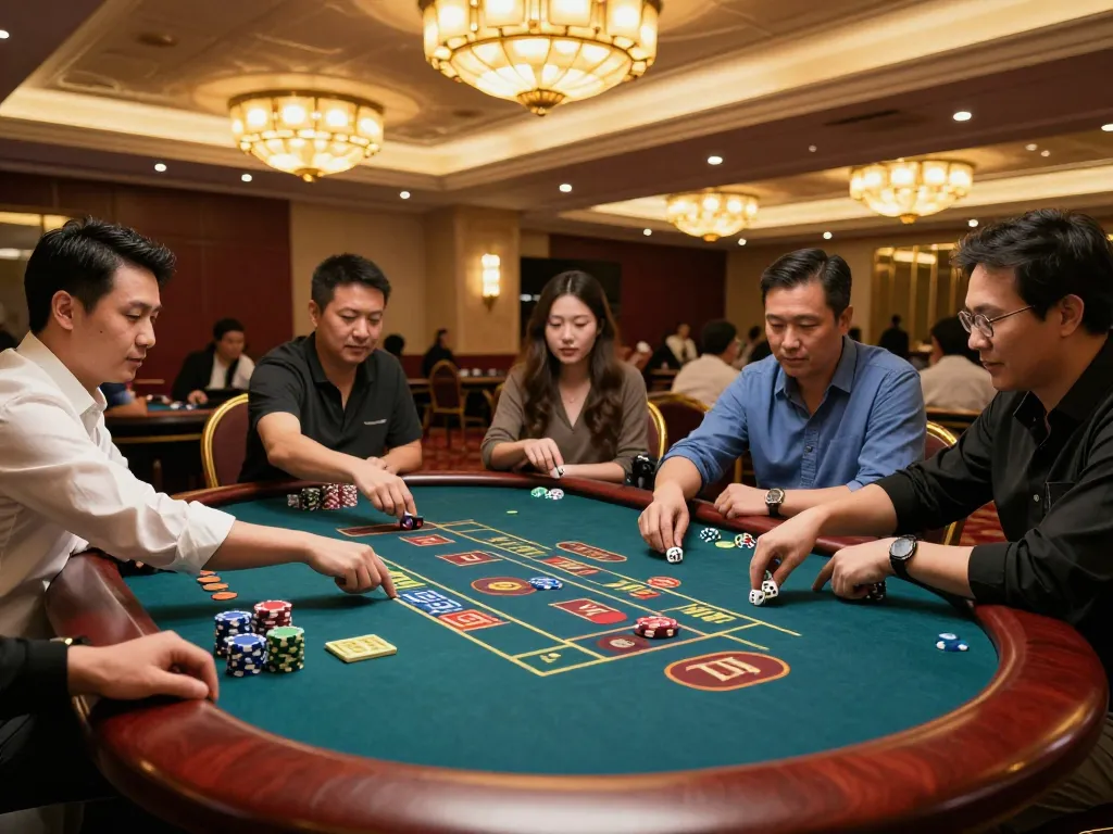 Tài Xỉu players eagerly engaging at a high-stakes gaming table, showcasing the excitement of dice rolling.