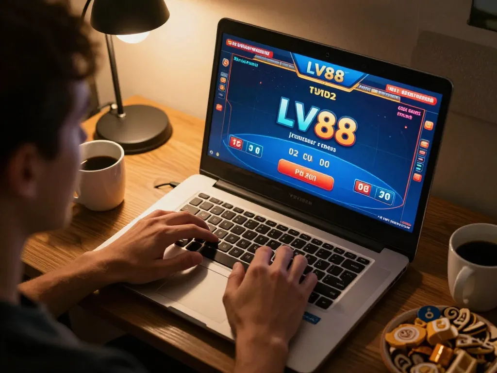 Engaging in LV88 poker gameplay strategy at home with laptop, snacks, and focused ambiance.