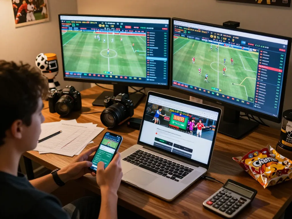 Engaging with sunwingo on a dynamic online sports betting setup with multiple screens.