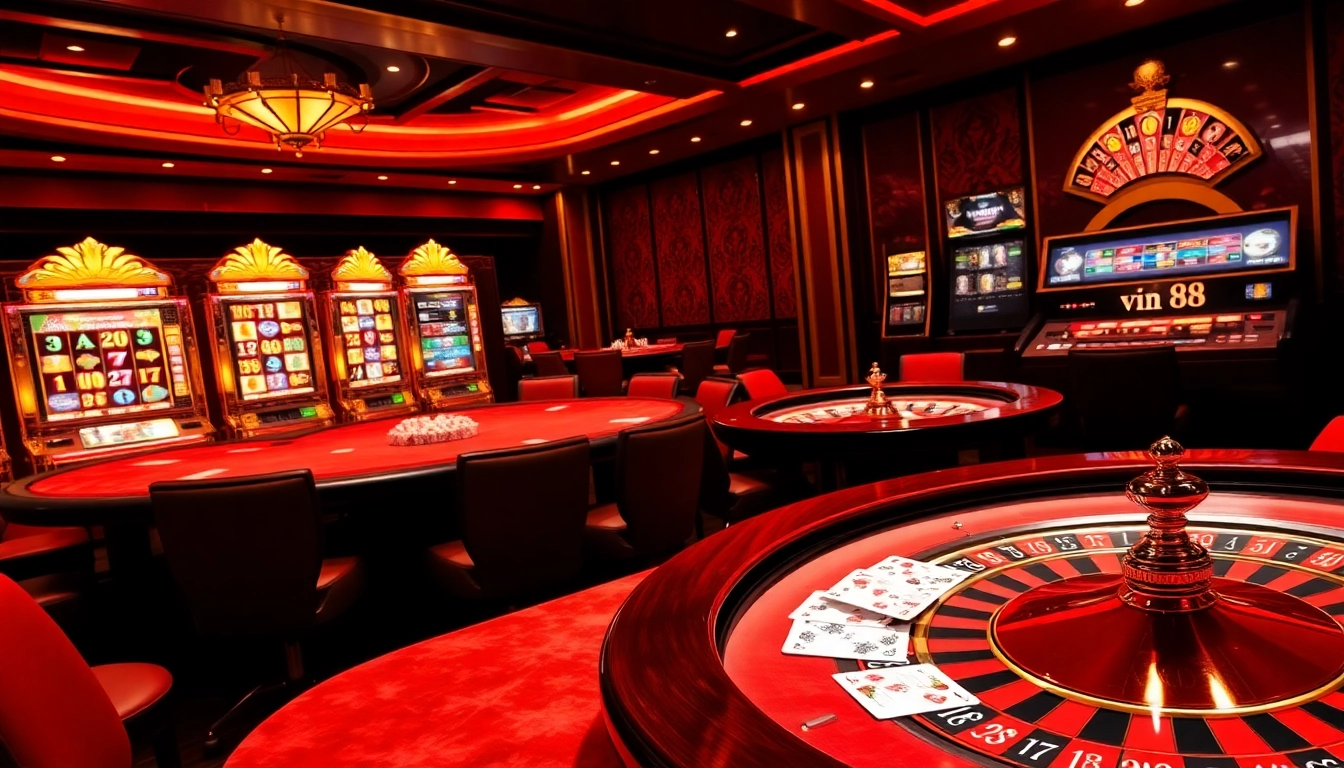 Experience the thrill of vin 88 with luxurious casino tables, vibrant slot machines, and professional gaming atmosphere.