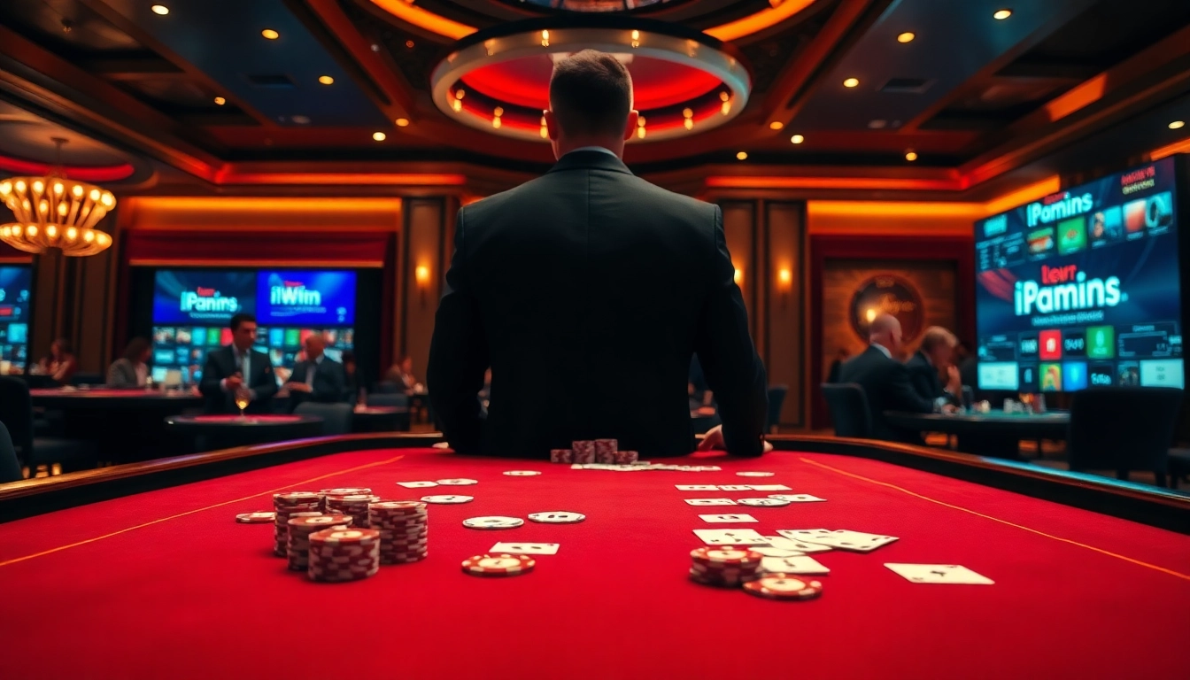 Experience the thrill of iWin games at a luxurious casino table with poker chips and cards.
