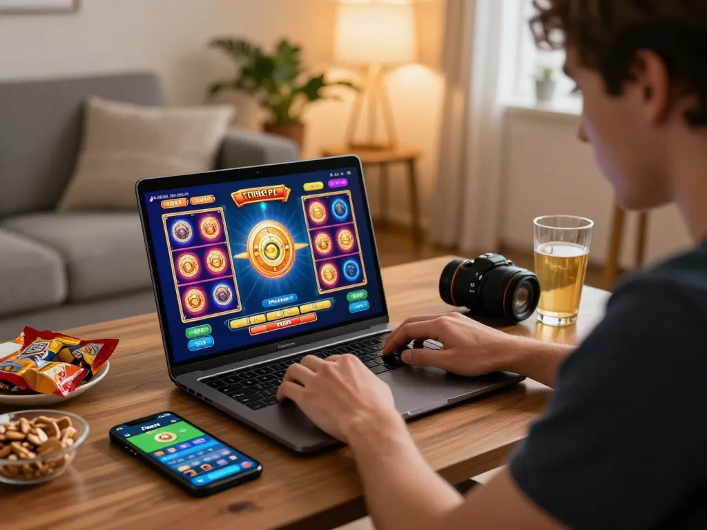 Player engaging in online slots on Fabet app at home with warm ambiance