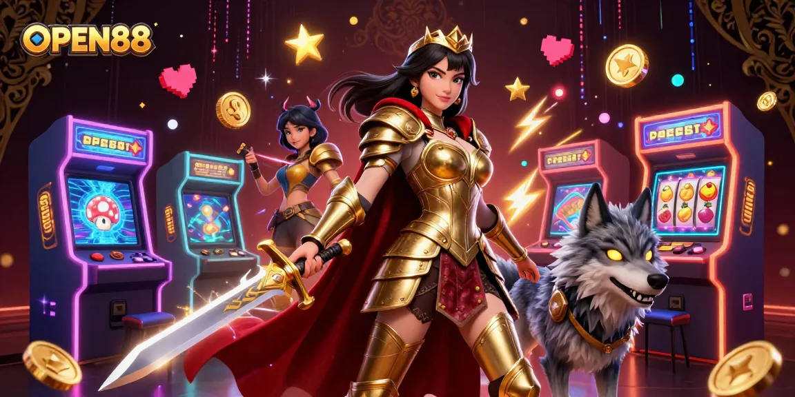 Immerse in OPEN88's vibrant casino world with a warrior queen and arcade elements, showcasing action and excitement.