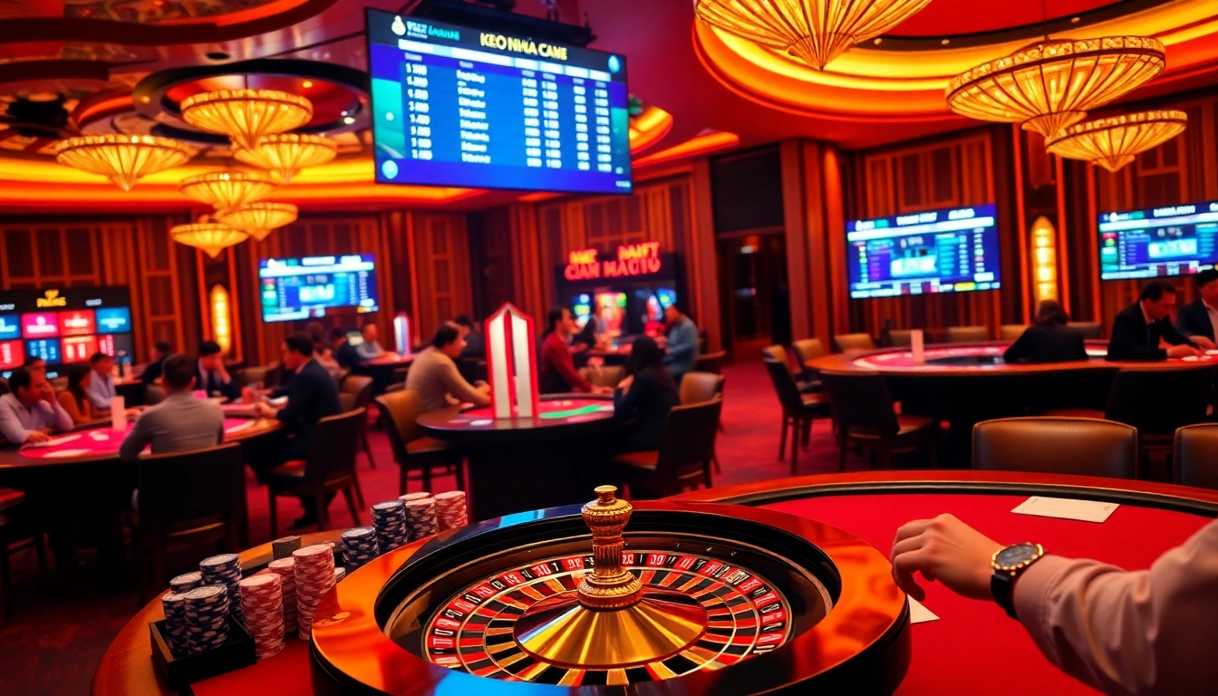 Kèo nhà cái betting action in an opulent casino setting with players and vibrant table games.