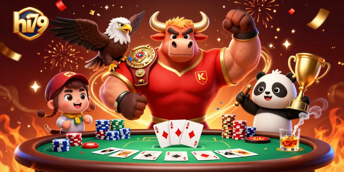 Win big at hi79 with a muscular bull, eagle, and panda celebrating on a rich poker scene.