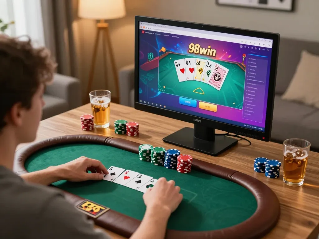 Player enjoying poker action on 98win platform in cozy home setting