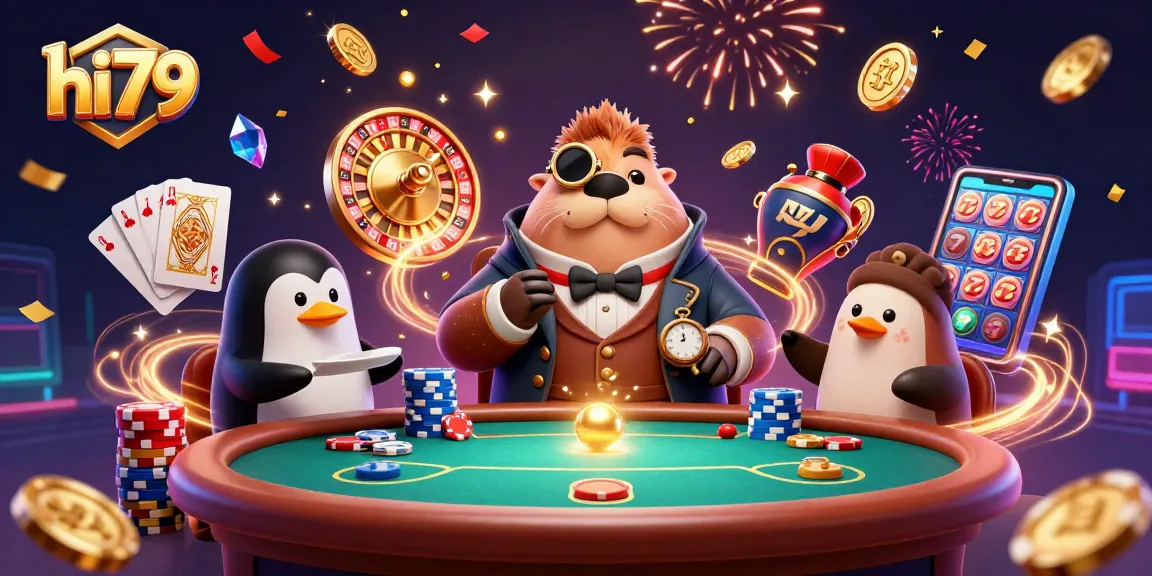 hi79 players enjoy deep-sea poker with a jolly walrus, colorful chips, and cascading coins