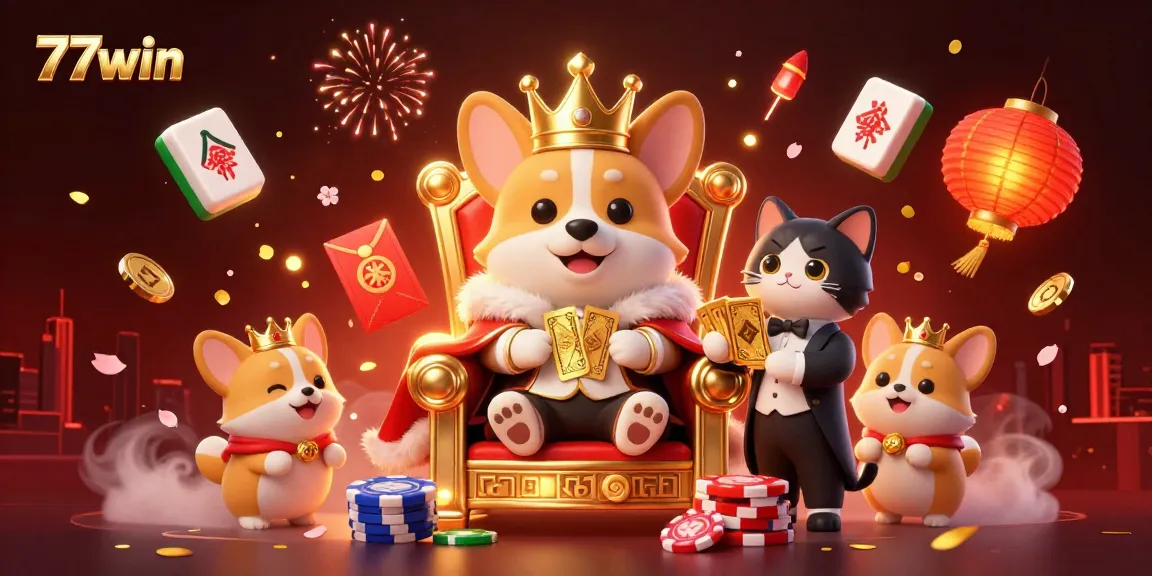 Experience thrilling moments at 77win with this vibrant illustration of a royal corgi throne surrounded by gaming essentials.