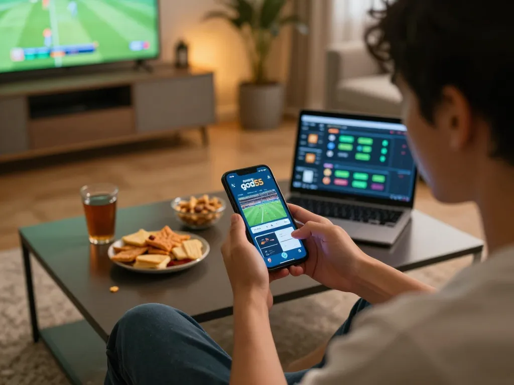Excited player engaging with god55 betting app during live sports event at home, showcasing responsible gaming