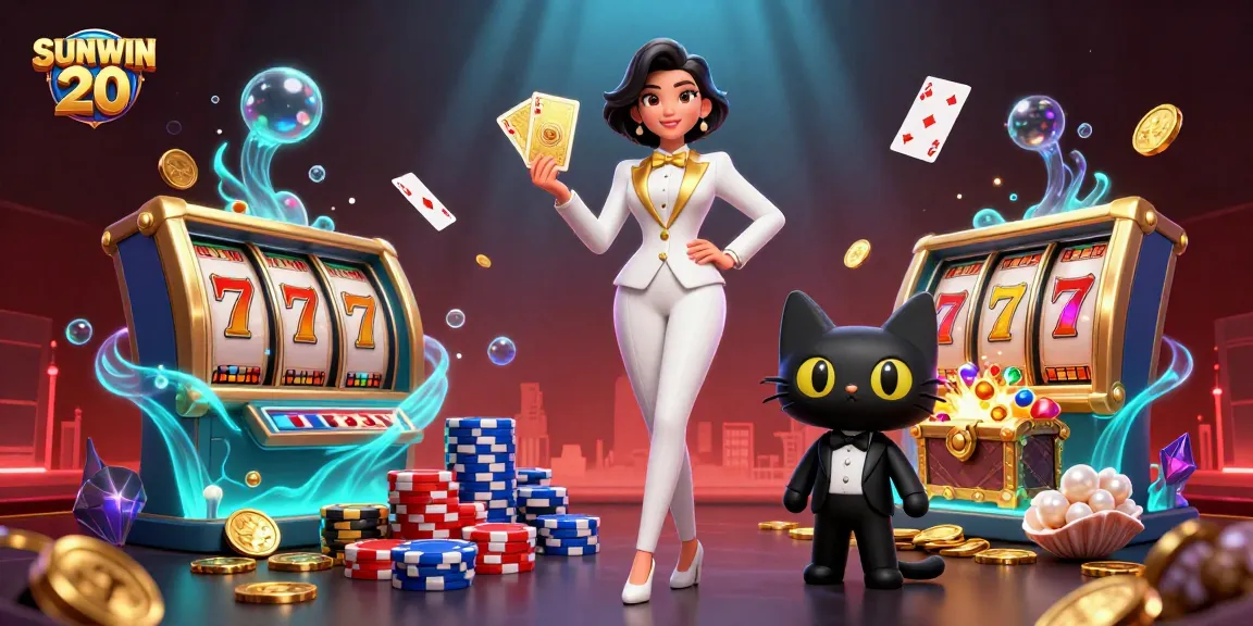 Experience the excitement of SUNWIN 20 with a glamorous character shuffling cards among dazzling casino elements.
