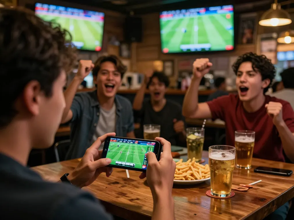 Engaged sports bettor using smartphone to check kèo nhà cái while watching a live match.